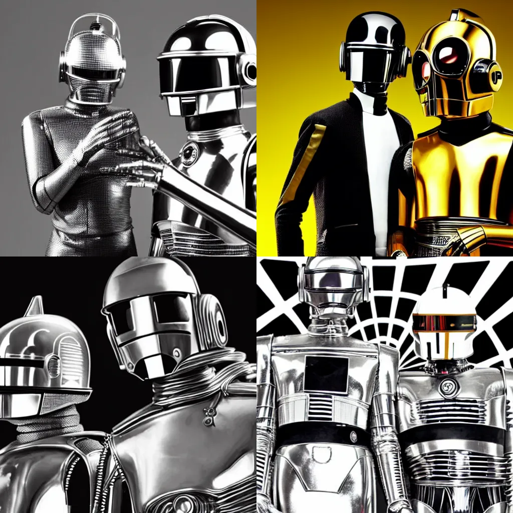 Prompt: a black and white photo of c3po and bender from futurama posing for a daft punk album. music album cover. detailed.