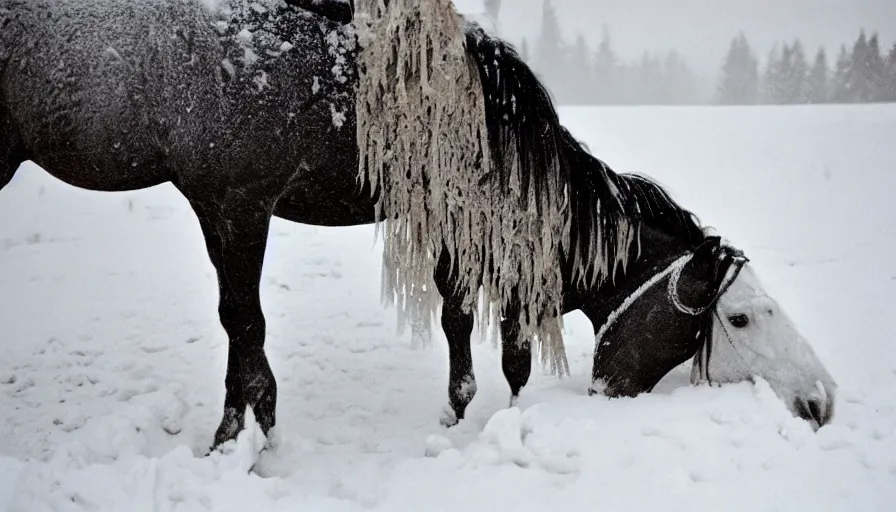 Image similar to 1 9 6 0 s movie still close up of marcus aurelius frozen to death under the snown next to his horse frozen under the snow by the side of a river with gravel, pine forests, cinestill 8 0 0 t 3 5 mm, high quality, heavy grain, high detail, texture, dramatic light, anamorphic, hyperrealistic, detailed hair, foggy