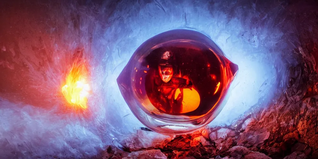 Image similar to underwater fisheye slow motion with trail fire effect of futuristic break dancer wearing long dark cloak and golden helmet emitting magic dust and fire, long exposure shot , enigmatic, at night underwater in the middle of the arctic with red light A letter, paddle of water, steam, fog, water splashes, rim lights, glossy reflections, water droplets on lens, octane render, Volumetric dynamic lighting, stunning cover magazine, high details, hajime sorayama