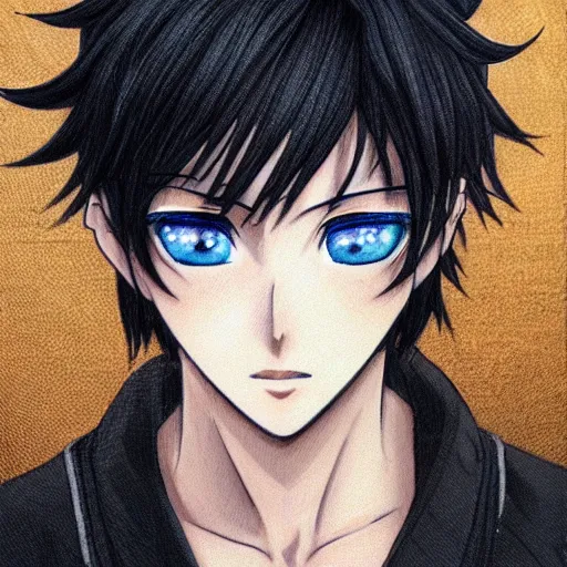 Image similar to high detailed anime portrait of man, black hair, short hair, blue eyes