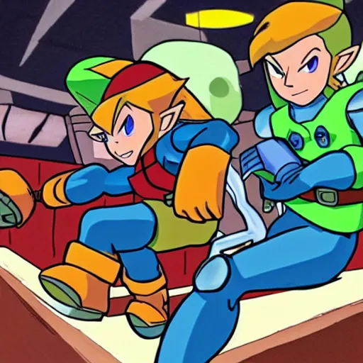 Prompt: mega - man and link from zelda in a bar trying to pick up samus from metroid real