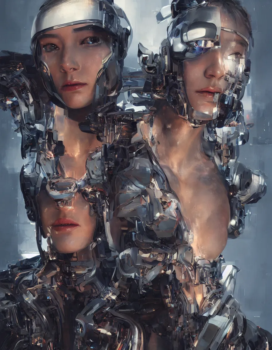 Image similar to portrait of a female cyborg. intricate abstract. intricate artwork, by tooth wu, wlop, bill sienkiewicz, syd mead. concept art, octane render, trending on artstation, greg rutkowski very coherent symmetrical artwork. cinematic, key art, hyper realism, high detail, octane render, 8 k, iridescent accents