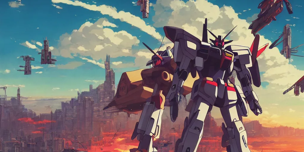 Image similar to Gundam Movie poster, 3D anime, Arcane Style, Retropunk, Steampunk, high resolution, city landscape, side scrolling, Rule of Thirds, 4K, Retrofuturism, Studio Ghibli, Simon Stålenhag