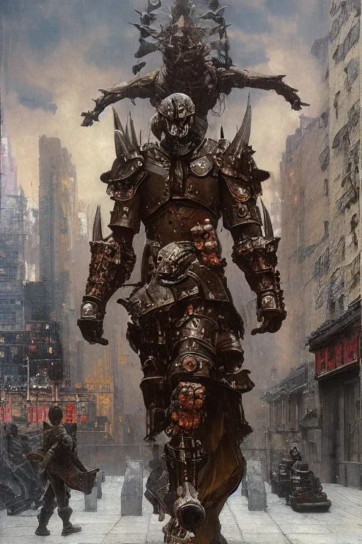 Image similar to a soldier on city street accompanies huge bipedal hell demon with bulbous torso wearing armour, painted by ruan jia, raymond swanland, lawrence alma tadema, zdzislaw beksinski, norman rockwell, jack kirby, tom lovell, alex malveda, greg staples