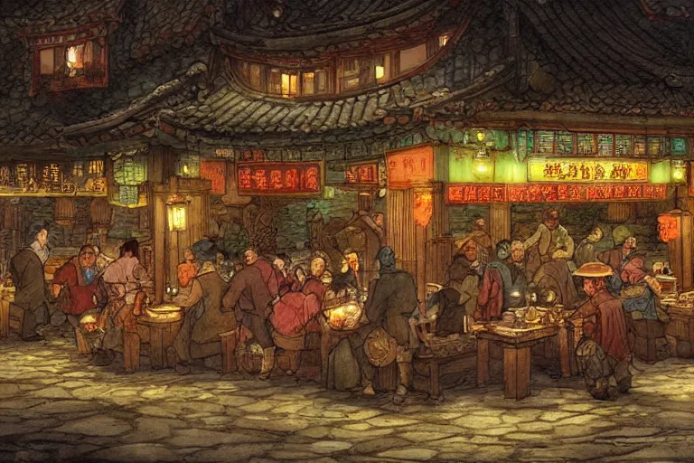 Image similar to fantasy art of a bustling tavern in china, at night, by anton pieck, highly detailed digital art, trending on artstation