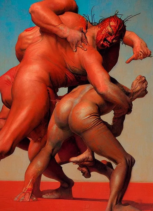 Prompt: realistic detailed image of a wrestling match between the red man and a powerful giant in the style of Francis Bacon, Surreal, Norman Rockwell and James Jean, Greg Hildebrandt, and Mark Brooks, triadic color scheme, By Greg Rutkowski, in the style of Francis Bacon and Syd Mead and Edward Hopper and Norman Rockwell and Beksinski, open ceiling, highly detailed, painted by Francis Bacon, painted by James Gilleard, surrealism, airbrush, Ilya Kuvshinov, WLOP, Stanley Artgerm, very coherent, art by Takato Yamamoto and James Jean