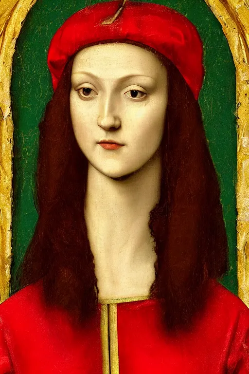 Image similar to a fresco of a renaissance Portrait of slim shapely pale young queen jezebel wearing gilded red robes, long black hair, green eyes, painted by Leonardo da Vinci