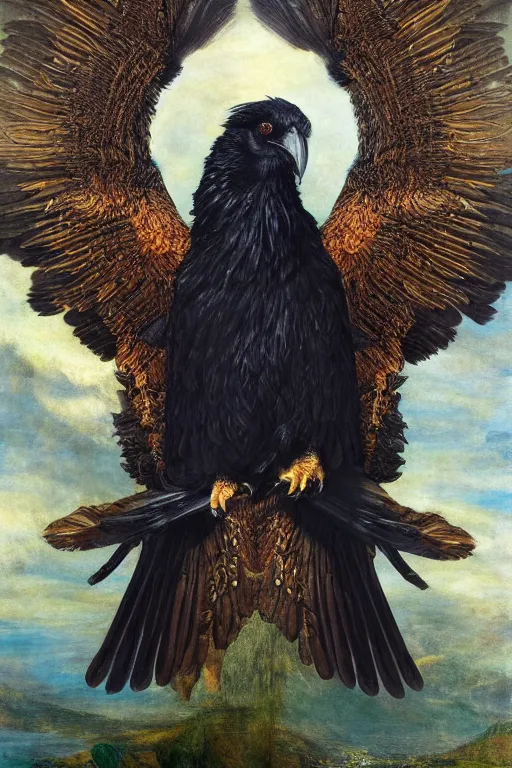 Prompt: a breathtakingly stunningly beautifully highly detailed animal portrait of a majestic raven, by rosetti and michael cheval and rosetti and turner, 4 k