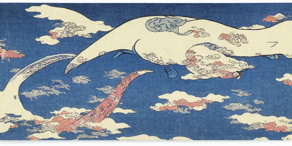 Image similar to a upside down city with giant whale flying in the sky, by Hokusai
