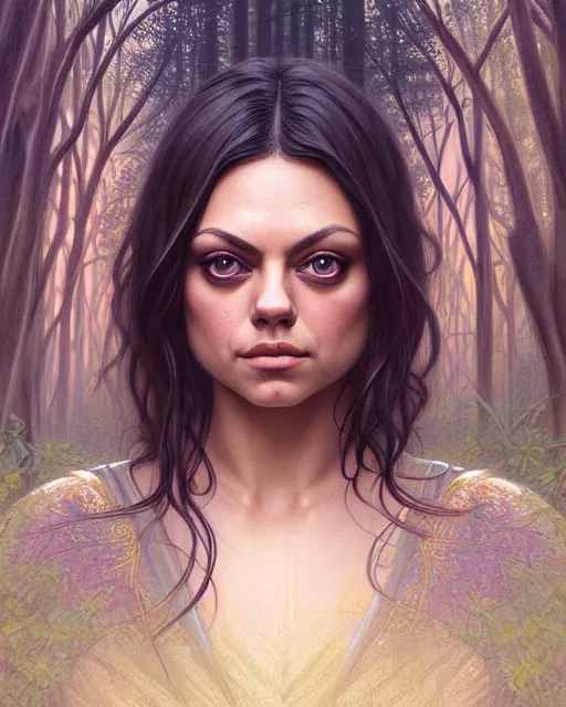 Image similar to symmetry portrait of mila kunis princess, forest background, intricate, elegant, highly detailed, digital painting, artstation, concept art, smooth, sharp focus, illustration, art by artgerm and greg rutkowski and fra angelico and alphons mucha