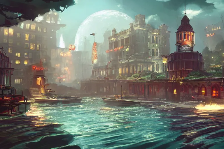 Prompt: beautiful water city in the style of a bioshock infinite screenshot, concept art, artstation, deviantart, behance, highly detailed