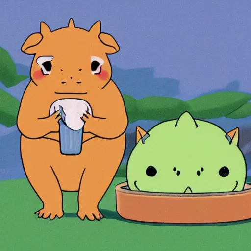 Prompt: bulbasaur and a capybara being friends eating ice cream