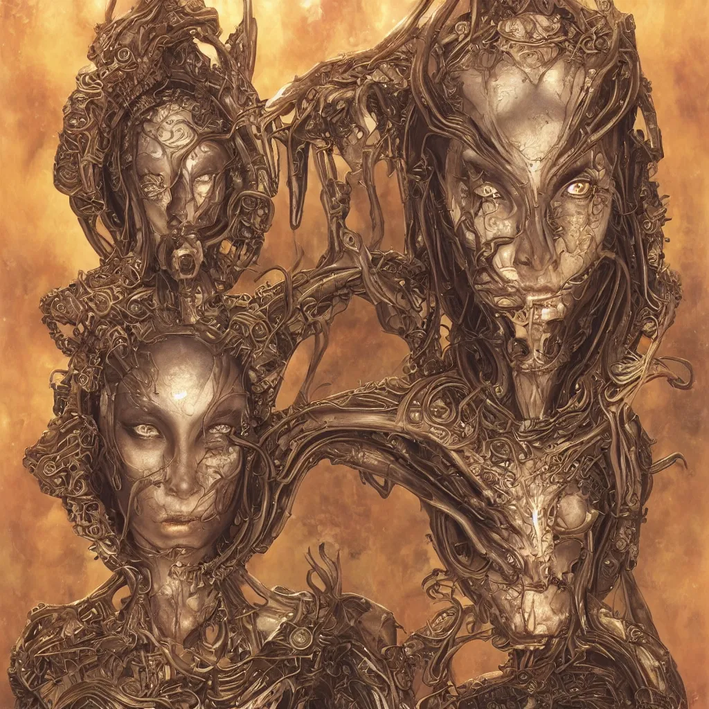Image similar to beautiful and exotic alien queen bust portrait, glowering judging eyes, art nouveau declotage, perfect symmetrical facial features, hyperrrealistic bone structure, extremely hyperdetailed, mixed media painting, unreal engine, 8 k, octane, 8 mm, by travis charest, rodney matthews and olivia de bernardinis