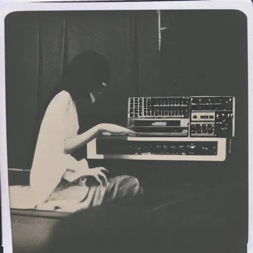 Image similar to 1 9 7 0 s polaroid of a female japanese musician playing a vintage modular synthesizer, hazy, faded