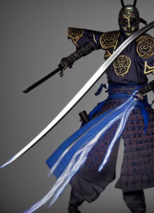 Prompt: character design, extremely detailed samurai shinigami with a katana, blue lightning, blue mist, fog, scary, mysticism, intricate, volumetric lighting, photorealistic, cinematic, hyper realistic, octane render, 8 k, wide angle