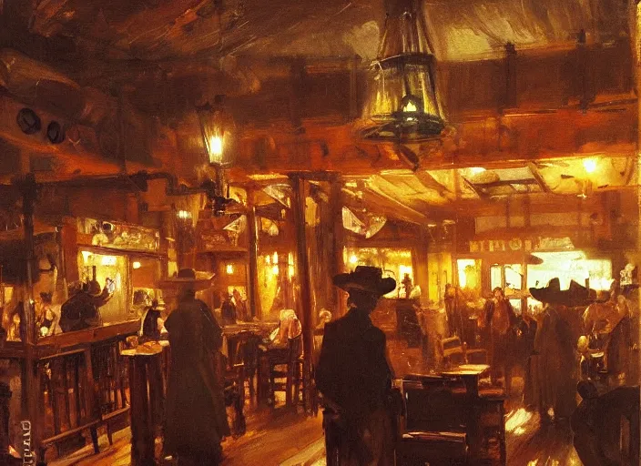 Image similar to oil painting of western saloon bar, wild west, dimly light, dust, art by anders zorn, wonderful masterpiece by greg rutkowski, beautiful cinematic light, american romanticism by greg manchess, creation by tyler edlin