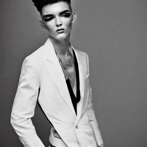 Image similar to beautiful portrait of androgynous ruby rose as desire from sandman in a white tuxedo!!!, rockabilly style, by peter lindbergh, by alphonse mucha, cedric peyravernay, by jeremy mann, by frank moth, white suit and black tie, soft lightning, high detailed, 8 k