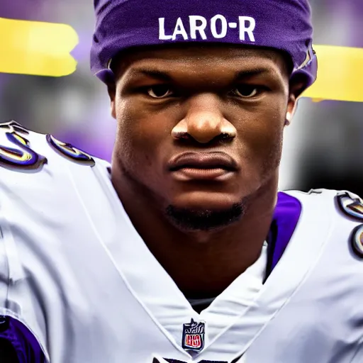 Image similar to portrait. lamar jackson baltimore ravens. lombardi trophy. sports photo. award winning photograph. lamar jackson's detailed face