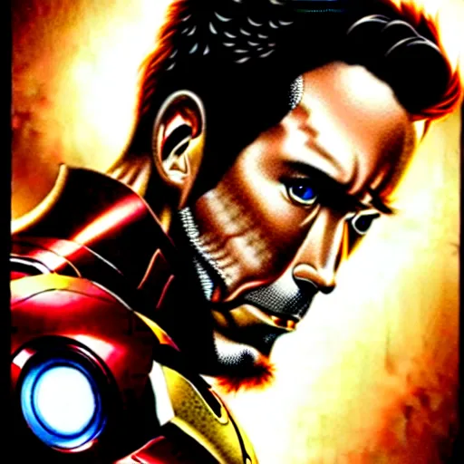 Image similar to uhd photorealistic portrait of ryan reynolds as iron man, by amano, ayami kojima, greg rutkowski, lisa frank, mark brooks, and karol bak, masterpiece, cinematic composition, dramatic pose, studio lighting, correct face, hyperdetailed, intricate details