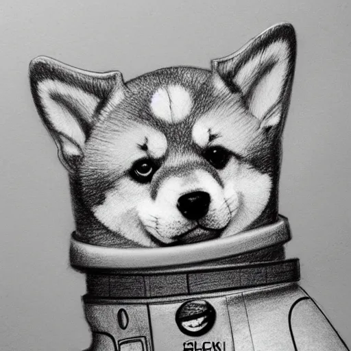 Prompt: a very detailed pencil drawing of a shiba inu in an astronaut suit in space 4 k, high resolution, still, landscape, hd, dslr, hyper realistic, sketch