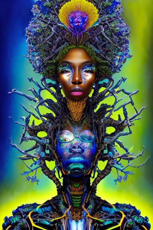 Prompt: hyperrealistic post-maximalist super expressive! black woman with exoskeleton armor, merging with tree in a forest, highly detailed digital art masterpiece smooth cam de leon hannah yata dramatic pearlescent blue yellow light ground angle hd 8k sharp focus
