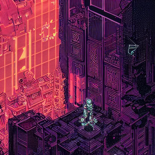 Prompt: Stunningly intricate illustration of a cyberpunk explorer overlooking a maze-like temple, highly detailed, midnight, by Victo Ngai and James Gilleard , Moebius, Laurie Greasley