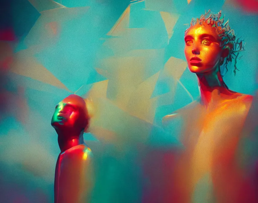 Prompt: Theatrical scenery, big head on stage, humanity, abstract theatrical concept !!!Vogue magazine!!! halo. octane rendering, cinematic, hyperrealism, octane rendering, 8k, depth of field, bokeh. iridescent accents. vibrant. teal gold and red color scheme