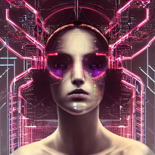 Image similar to female cyberpunk portrait by cy Twombly and BASTIEN LECOUFFE DEHARME, circuit boards, led display, iridescent fractal, high tech