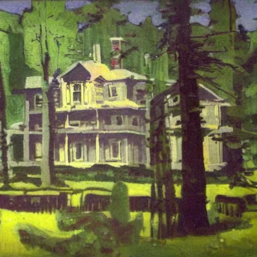 Prompt: the mansion in the woods, in the style of gifford beal,