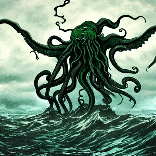 Prompt: cthulhu rising above the ocean and spreading its demonic wings, ominous, dark clouds, storm, lightning seen on the background, lovecraft