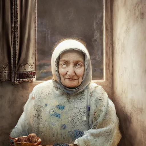 Image similar to hyperrealistic mixed media high resolution image of a Ukrainian grandmother, stunning 3d render inspired art by István Sándorfi and Greg Rutkowski and Unreal Engine, perfect symmetry, dim volumetric lighting, 8k octane beautifully detailed render, post-processing, extremely hyper-detailed, intricate, epic composition, highly detailed attributes, highly detailed atmosphere, full body shot, cinematic lighting, masterpiece, trending on artstation, very very detailed, masterpiece, stunning, flawless structure, lifelike texture, perfection,