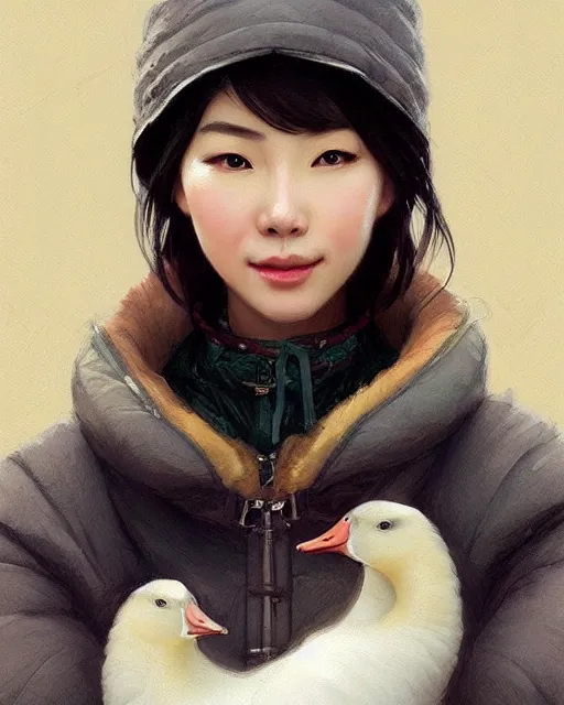 Image similar to a beautiful chinese woman in down jacket ， a goose ， winer ， wenjun lin intricate, elegant, highly detailed, digital painting, artstation, concept art, matte, sharp focus, illustration, hearthstone, art by artgerm and greg rutkowski and alphonse mucha