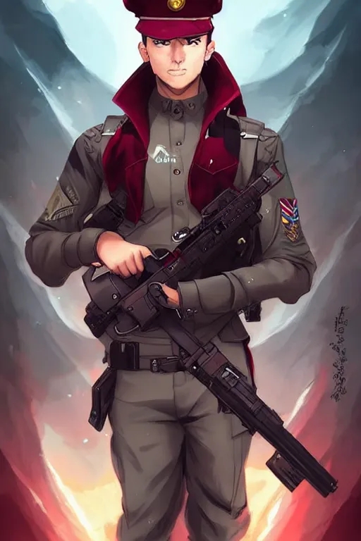 Prompt: beautiful portrait commission of a male furry anthro!!! half-bat half-shark wearing military clothes and a maroon beret. Active Warzone with guns and explosions Atmospheric. Character design by charlie bowater, ross tran, artgerm, and makoto shinkai, detailed, inked, western comic book art