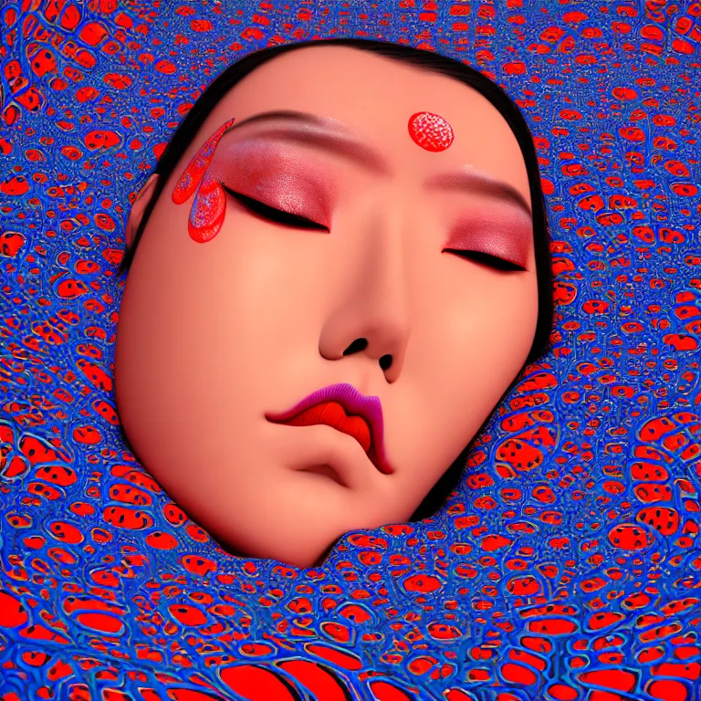 Image similar to realistic detailed image of a geisha laying down in a padded room, 8 k conjuring psychedelic background, part by yayoi kusama, part by alex gray, part by ross tran, part by james jean, ultra realistic, highly detailed, life like face, detailed body, 8 k, octane render, trending on artstation, very cohesive, masterpiece