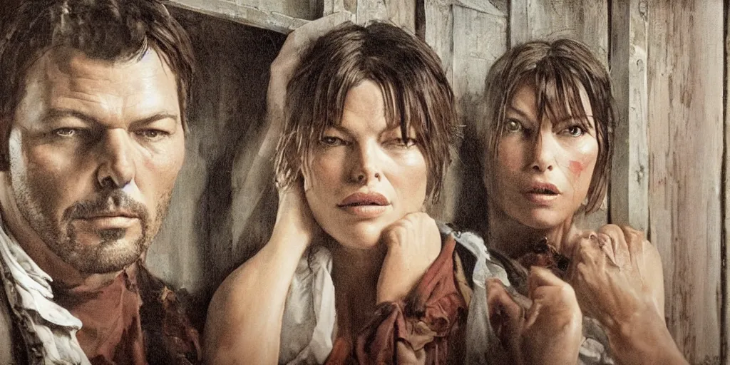 Prompt: in an old west cabin, close up portrait of beautiful Mila Jovovich (alone) in the doorway and Dave Bautista cowboy standing opposite ((alone)) at the window, arguing, symmetrical, in the style of Fredrick Remington, oil painting, cinematic