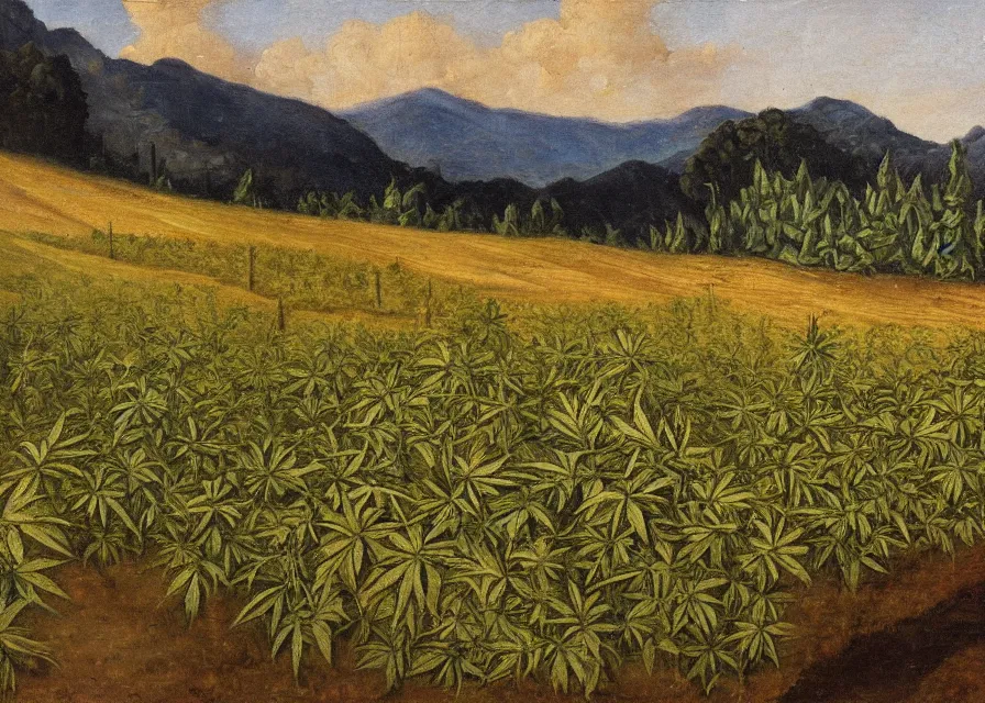 Prompt: cannabis fields in italian landscape, oil painting