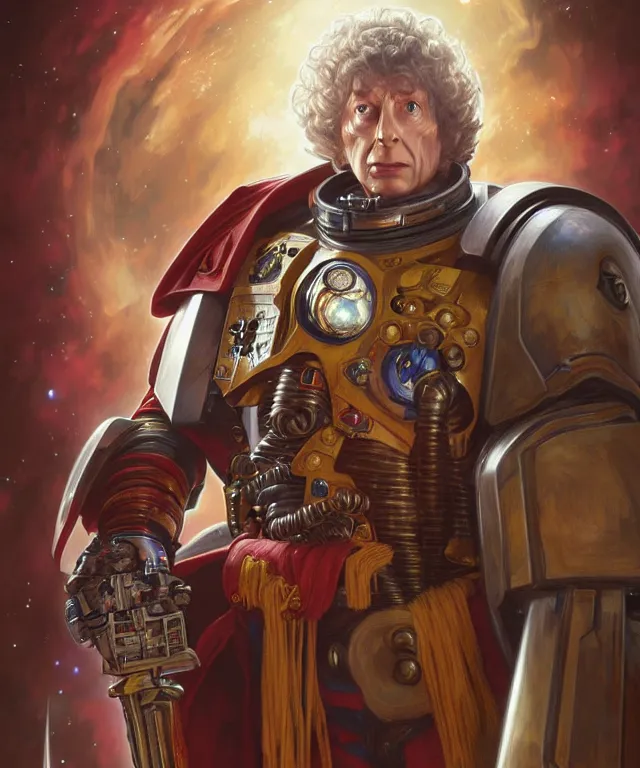 Image similar to Tom Baker Doctor Who as Warhammer 40k Space Marine, portrait, fantasy, intricate, elegant, highly detailed, digital painting, artstation, concept art, smooth, sharp focus, illustration, art by artgerm and greg rutkowski and alphonse mucha