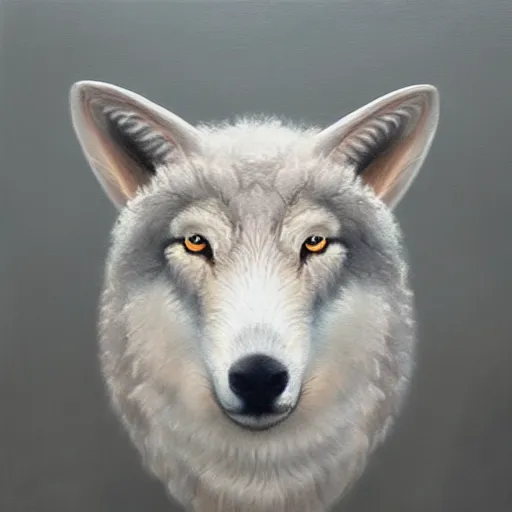 Image similar to wolf sheep head, oil painting, front view, artstation, dramatic lighting, symmetry, beautiful