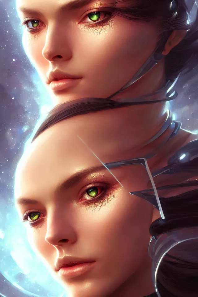 Image similar to futuristic close-up woman portrait, sci-fi, amber eyes, face, long hair, fantasy, intricate, elegant, highly detailed, digital painting, artstation, concept art, smooth, sharp focus, illustration, art by artgerm and greg rutkowski and alphonse mucha