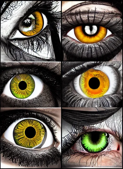 Image similar to grid montage of eyes, square dilated pupils, swuare irises, detailed colored textures, eyelashes, advanced art, art styles mix, from wikipedia, wet reflections in eyes, sunshine light, hd macro photograph, from side, various eyelid positions, square black pupil centered