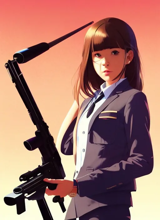 Image similar to movie, full body, cute, female, a pretty alluring girl wearing a school uniform and holding a sniper rifle, symmetry face, photoreal, realistic shaded lighting poster by ilya kuvshinov, katsuhiro otomo, kidmo!!!, trending on artstation, magali villeneuve, artgerm, jeremy lipkin and michael garmash