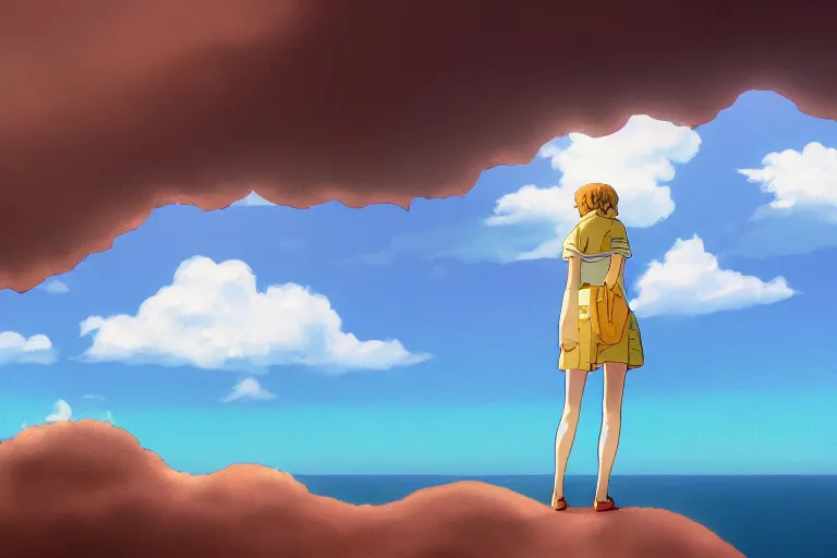 Prompt: A cell animation of a young woman looking out over the sea, Miyazaki Hayao, ghibli style, illustration, azure tones, vintage colors, large clouds visible, anime, trending on artstation