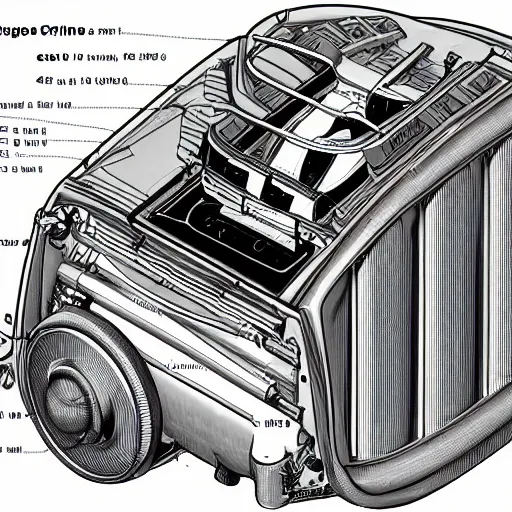 Prompt: cutaway diagram of a ship line drawing labelled engine parts harpoon tesla coil