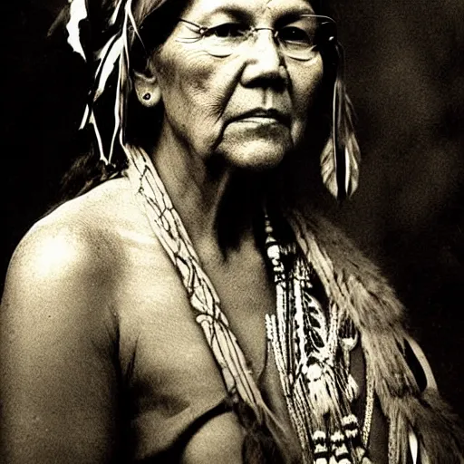 Prompt: elizabeth warren as native american chief, old photograph, sepia, highly detailed,