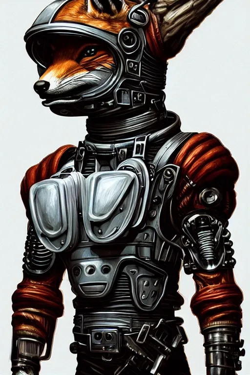 Image similar to a portrait of a muscular anthropomorphic cyberpunk fox lizard with big head in spacesuit armor with ensignia on chest plate by sandra chevrier, by jon foster, detailed render, pistol in holster, tape deck, epic composition, cybernetics, 4 k realistic, cryengine, realistic shaded lighting, sharp focus, masterpiece, by enki bilal