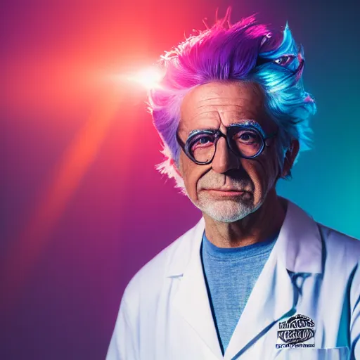 Image similar to portrait of old rick sanchez, lab coat and tee shirt, lens flare, atmosphere, glow, detailed, intricate, full of colour, cinematic lighting, 4 k, hyperrealistic, focused, extreme details, cinematic, masterpiece