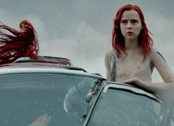 Image similar to A very high resolution image from a new movie, landscape from a car window , teen red hair woman, raining, hot, directed by wes anderson