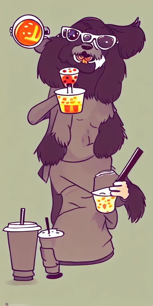 Image similar to a bernedoodle drinking boba tea, digital art, wallpaper, highly detailed, trending on artstation.