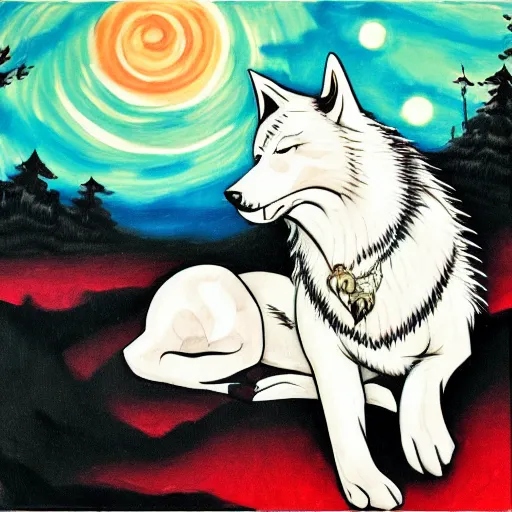 Image similar to okami white wolf with red tattoos resting under a sky full of stars, by a deep!! river, calm, acrylic on canvas, okami, cel shaded