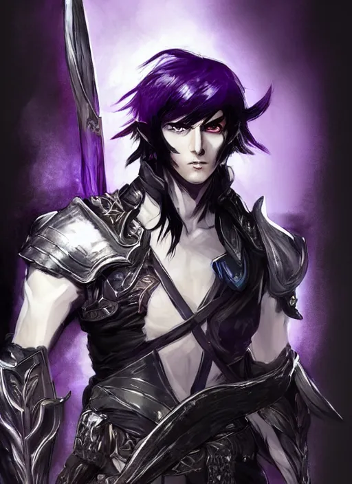 Image similar to Half body portrait of a handsome black haired elven warrior with purple sword. In style of Yoji Shinkawa and Hyung-tae Kim, trending on ArtStation, dark fantasy, great composition, concept art, highly detailed.